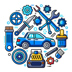 Car service icon set with black stroke and white background. Auto service, car repair icon set. Car service and garage.