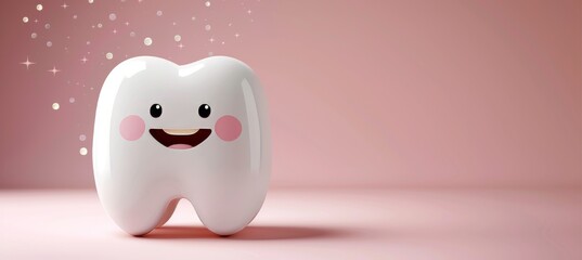 Adorable 3d cartoon tooth character isolated on pastel background with space for text