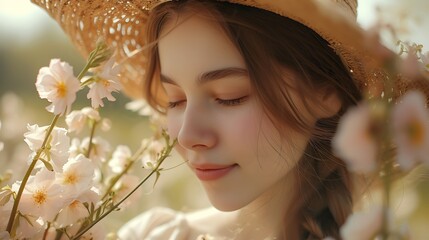 Young brown-haired woman in straw hat with spring - obrazy, fototapety, plakaty