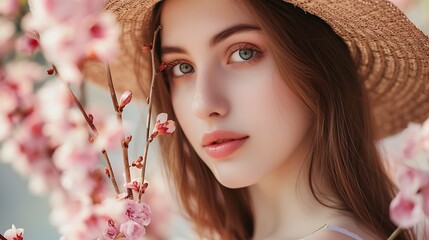 Young brown-haired woman in straw hat with spring - obrazy, fototapety, plakaty