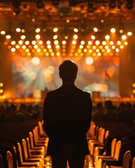 A man stands in a dark room with a large screen in front of him