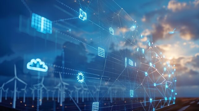 Green energy integration with wind turbines, solar panels, eco friendly technology.