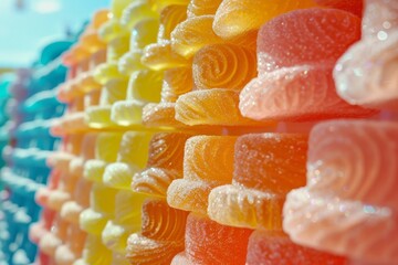 Colorful organic jelly candies lined up in a vibrant display - obrazy, fototapety, plakaty