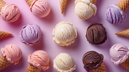 Assorted ice creams in cones from overhead view on a purple backdrop - obrazy, fototapety, plakaty