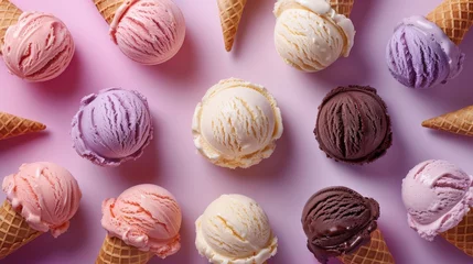 Fototapeten Assorted ice creams in cones from overhead view on a purple backdrop © Georgii