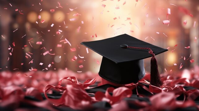 Student cap, graduation cap, diploma, banner: a triumphant celebration marking the end of the school year, embracing academic achievement and success with the issuance of diploma certificates.