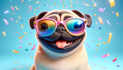 A cartoonish pug wearing shiny, colorful sunglasses, exuding happiness and charm against a pastel light blue background