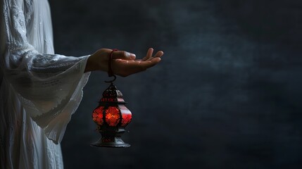 Hand holding an Arabic lantern, in the style of ramadan concept