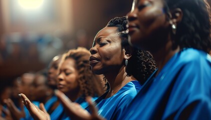 A group of women in electric blue robes are joyfully singing in a church. Their harmonious gestures and shared passion for music make it a fun and entertaining event for all the fans attending - obrazy, fototapety, plakaty