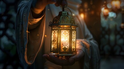 A moment of reverence in Ramadan as an Islamic man holds a magnificent lantern, its radiant light embodying the sanctity of the holy month.