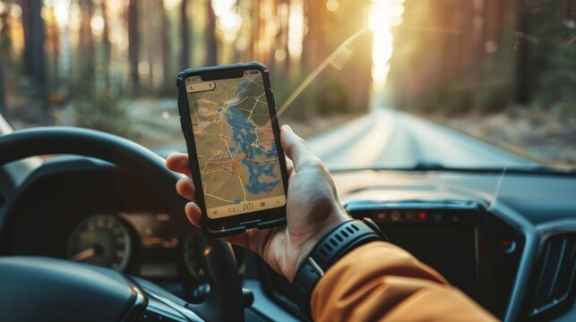 Driver using GPS navigation in mobile phone while driving car, Mobile phone with GPS navigation