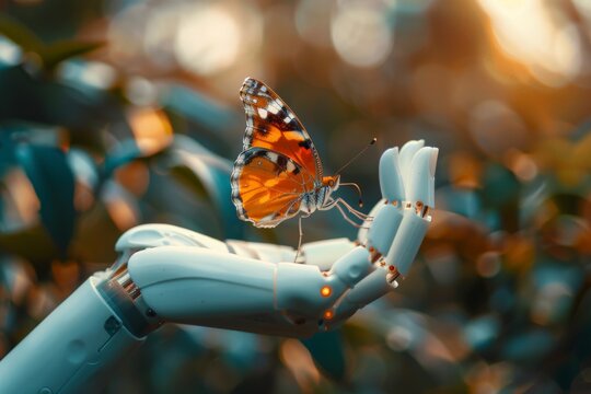 a butterfly posing on top of a android hand finger, concept of nature and futuristic technology