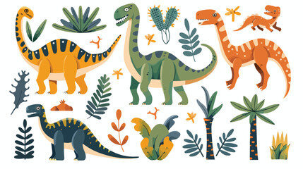 Jurassic and Mesozoic era icons set of dinosaurs 
