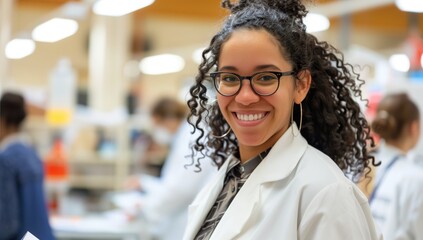 A woman with glasses and a lab coat is smiling in a science lab. Her fashionable eyewear compliments her happy expression, showcasing her focus on vision care and stylish fashion design - obrazy, fototapety, plakaty