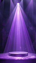 Dark purple stage podium with spotlight for product display in abstract studio setting