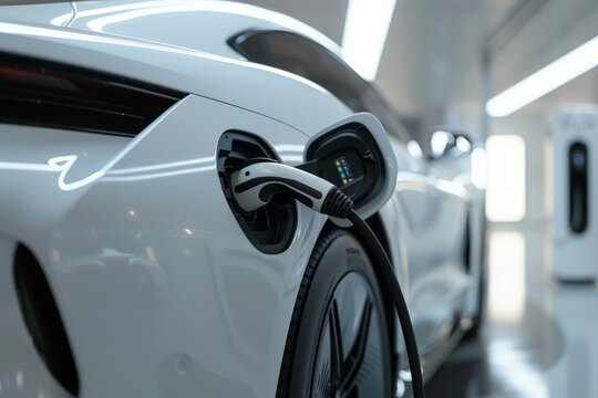 Close up detail of EV car in charge with EV charging plug, white color theme