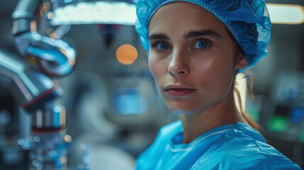 Female surgeon in the operating room with advanced robotic surgical equipment - obrazy, fototapety, plakaty