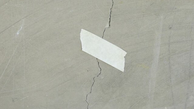 tape is stuck on a crack in a concrete wall. Unscrupulous repair concept.	