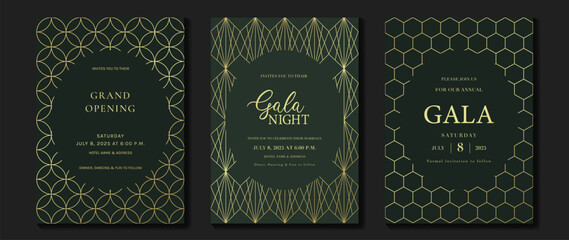 Obraz premium Luxury invitation card background vector. Elegant classic antique design, gold lines gradient on green background. Premium design illustration for gala card, grand opening, art deco.