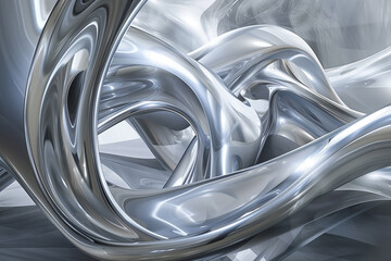 Chrome metallic abstract shape in cool silver tones. Art modern design background. 3D Texture of liquid shiny metal in silver gray color with highlights and shimmers. Generative AI