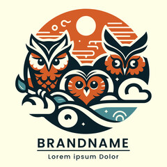 triplet japan owls wisdom logo design with perched owl vector with elegant style majestic soft color branding