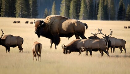 A Bison With A Herd Of Elk In The Background Upscaled 4