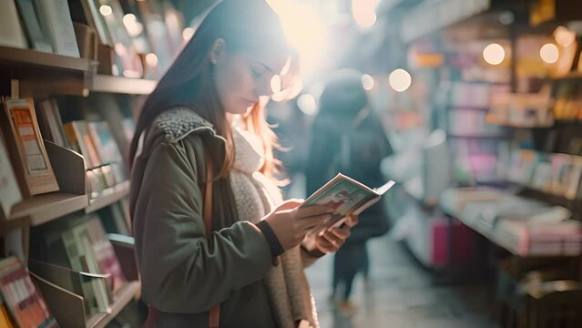 Young Woman Browsing Books in a Cozy Bookstore with Ai generated.
