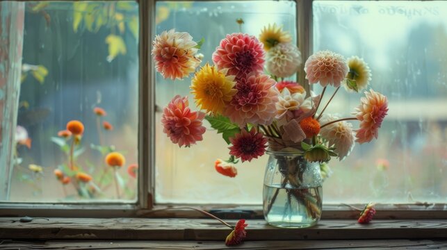 Colorful Dahlia Flowers in Mason Jar on Vintage Wooden Window Sill