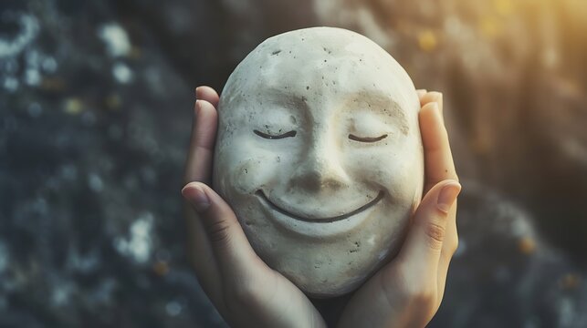  Conceptual image of holding a head with a happy smiling face in the hands Representing mental health Positive thinking And self-evaluation 