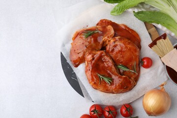 Flat lay composition with raw marinated meat, products and basting brush on light table. Space for...