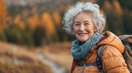 An old woman who happily travels the mountain scenic spots - obrazy, fototapety, plakaty