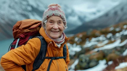 Fotobehang An old woman who happily travels the mountain scenic spots © 2D_Jungle