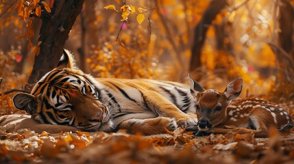 Harmonious coexistence  tiger and deer in sunlit forest clearing for conservation campaign