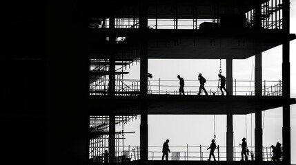 A black and white silhouette of construction workers on different levels of a site. An image of teamwork or a challenge of heights 