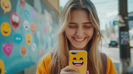 A beautiful young woman blogger, vlogger or influencer is receiving emoji and emoticon reactions in her mobile smart phone device while making a post, sharing or video logging on social media