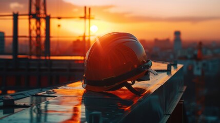 A construction worker safety helmet or hardhat is placed on rooftop of the tower with background of...