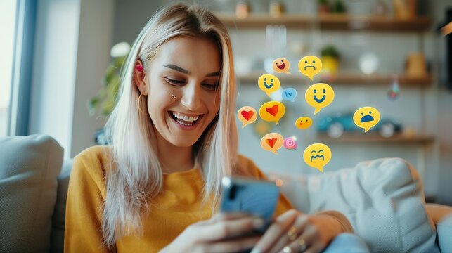 A beautiful young woman blogger, vlogger or influencer is receiving emoji and emoticon reactions in her mobile smart phone device while making a post, sharing or video logging on social media - Powered by Adobe