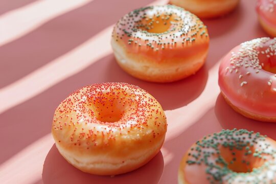 Close-up of unique savory donuts with colorful toppings