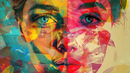 Abstract pop art portrait of young charming woman girl face in vintage collage style