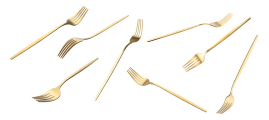 Shiny golden forks isolated on white, set