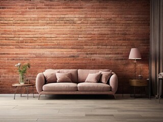 Modern interior of living room with comfortable sofa and armchair near brick wall