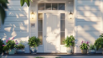 A white house with potted plants by the front door, set against green grass. The wooden door and window frames add a charming touch to the building
