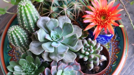 Colorful Succulents and Cacti on Ceramic Tray