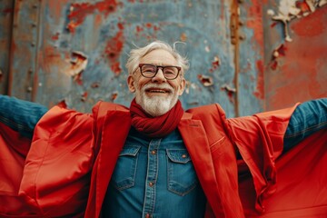 Senior superhero with a red cape posing with arms wide open, showcasing power and joy against a textured backdrop