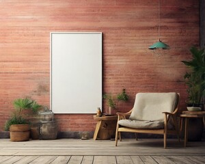 Living room with hanging white isolated empty mockup photo frame on loft wall background. Interior and architecture concept. 3D illustration rendering