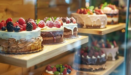 Assorted gourmet cakes with fresh berries on display in a bakery case