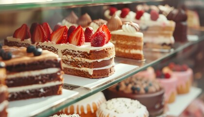 Assorted gourmet cakes and pastries displayed in a bakery case with fresh strawberries and decorative frosting.