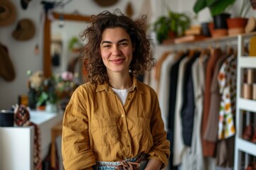 Obraz premium Smiling young woman in a yellow shirt standing in a cozy vintage clothing shop with plants and hats in the background