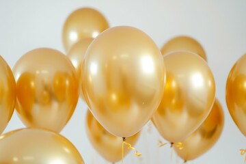Golden balloons floating against a white background for a festive celebration