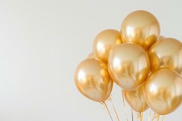 Bunch of glossy golden balloons on a plain white background